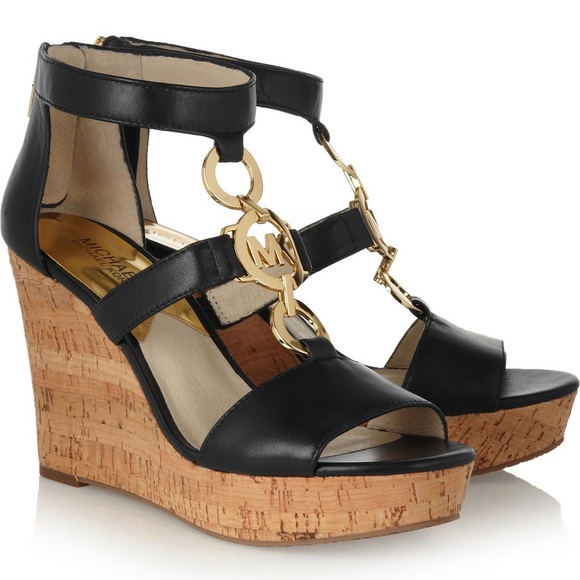 Michael Kors Shoes - NWOB Michael Kors Hyden Black Leather Cork Platform Wedges 6.5M